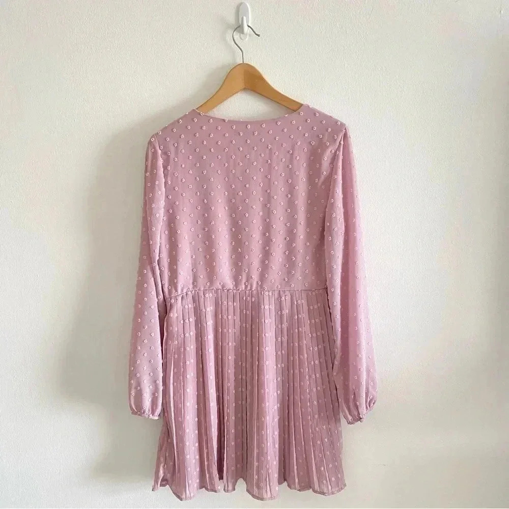 Lulus Poetic Love Mauve Swiss Dot Long Sleeve‎ Pleated Mini Dress - Picture 9 of 13